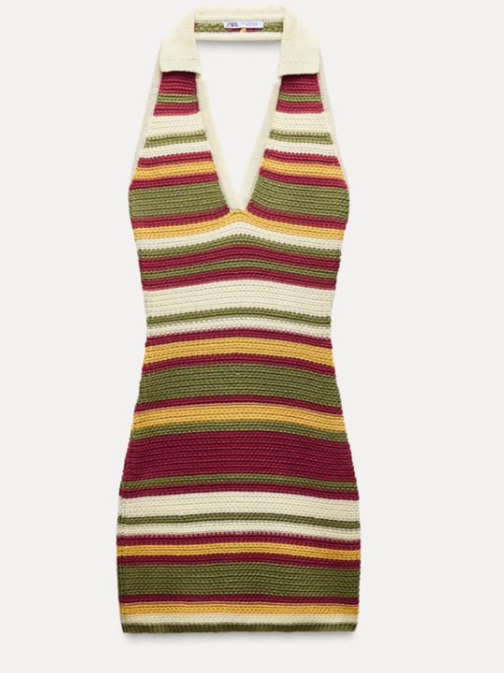 Zara Crochet Halter Stripe Mini Dress Medium Ecru/Red/Green